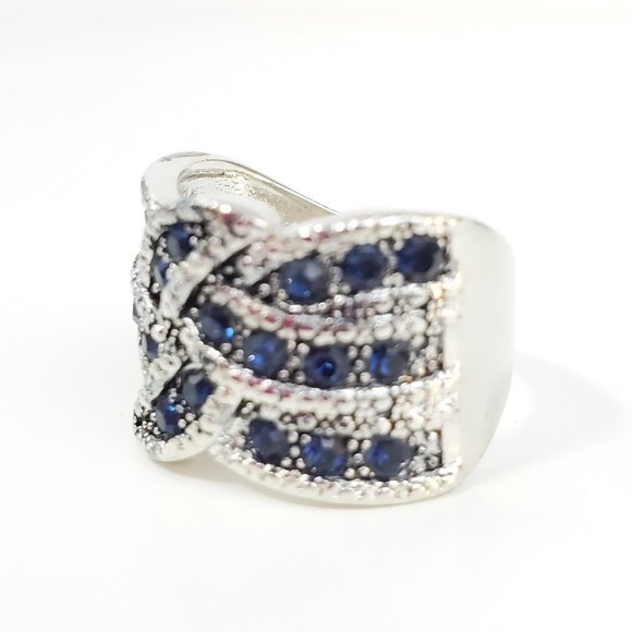 Silver Blue Wide Band Cocktail Ring Size 8 wave Silver Blue Stones - Picture 10 of 11